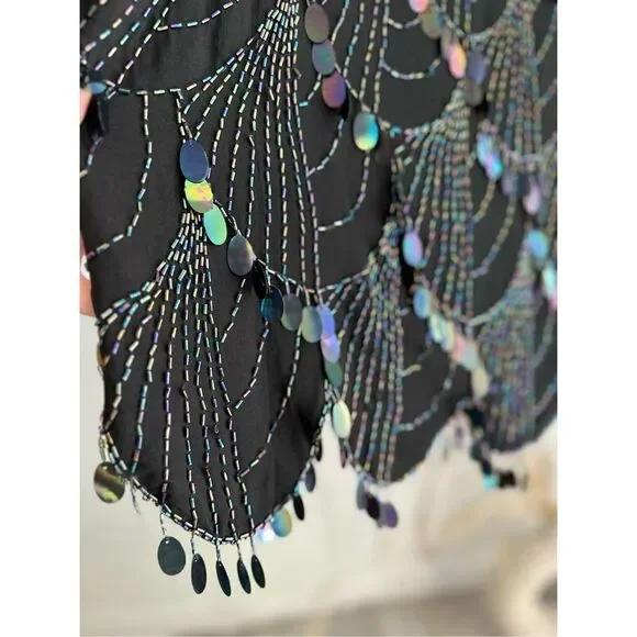 100% Silk Oleg Cassini Black Paillette Sequins Top Blouse Vintage Medium - Picture 7 of 7